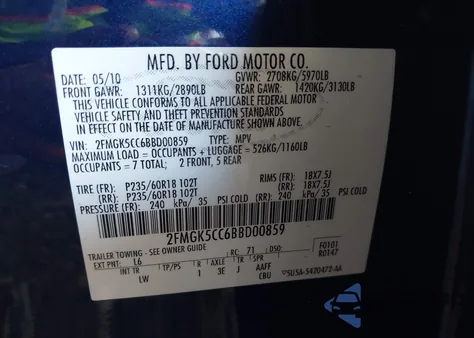 2011 Ford Flex Sel from USA, damaged, VIN 2FMGK5CC6BBD00859